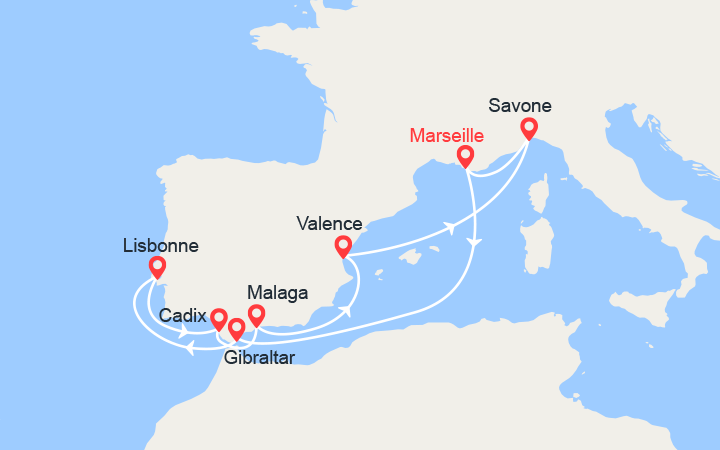 itinéraire croisière Méditerranée Occidentale : Gibraltar, Portugal, Espagne 