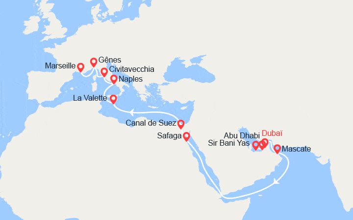 Itinéraire Grand Voyage : Émirats arabes unis, Oman, Égypte, Malte, Italie, Provence 