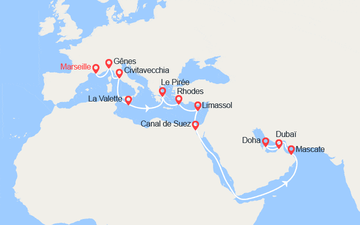 Itinéraire Grand Voyage : Italie, Malte, îles Grecques, Chypre, Oman, Qatar, Émirats arabes unis 