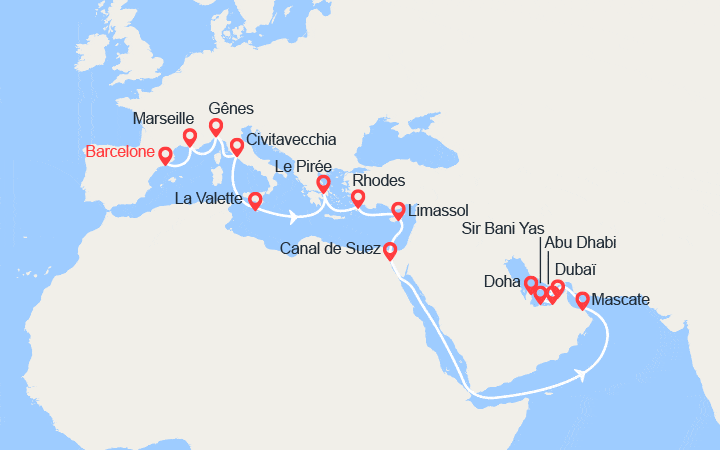 Itinéraire Grand Voyage : Provence, Italie, Malte, îles Grecques, Chypre, Oman, Qatar, Émirats arabes unis  