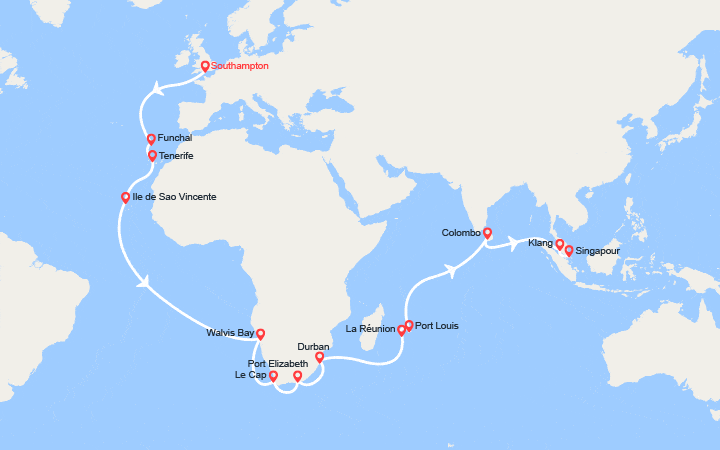 Itinéraire Grand Voyage : Southampton vers Singapour 