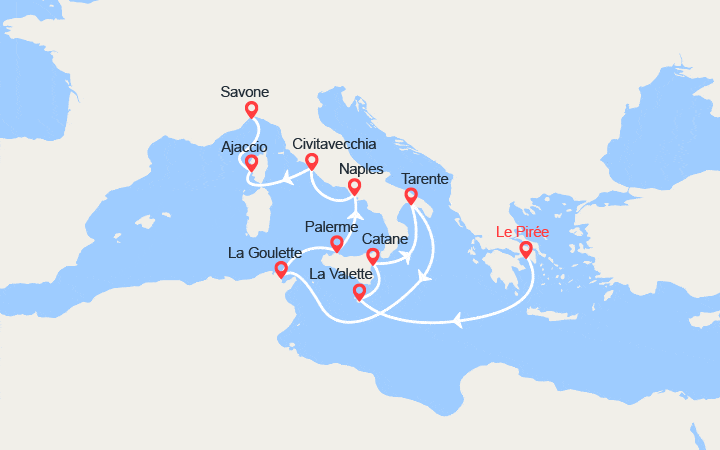 itinéraire croisière Méditerranée Orientale : Grèce, Malte, Italie, Tunisie, Corse