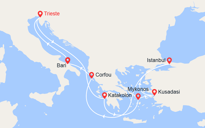 itinéraire croisière Iles grecques - Iles grecques : Grèce, Mykonos, Turquie, Corfou, Italie 