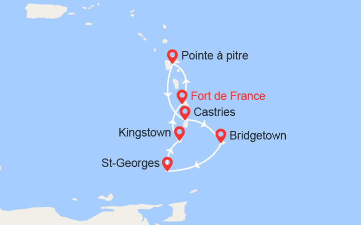 itinéraire croisière Caraïbes et Antilles : Guadeloupe, Ste Lucie, Barbade, Grenade, St Vincent  II Vols Inclus 