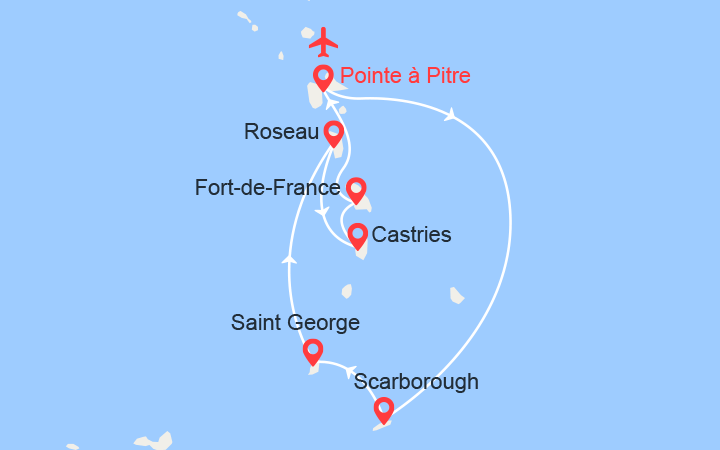 itinéraire croisière Caraïbes et Antilles : Guadeloupe, Tobago, Grenade, Roseau, St Lucie 