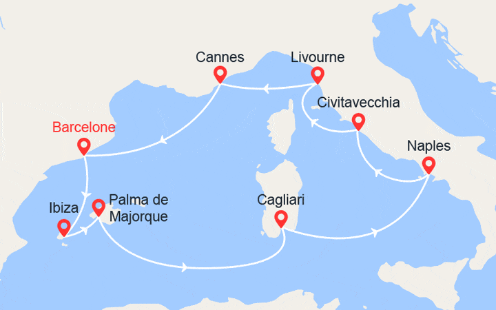 Itinéraire Iles Baléares, Sardaigne, Italie, Côte d'Azur 