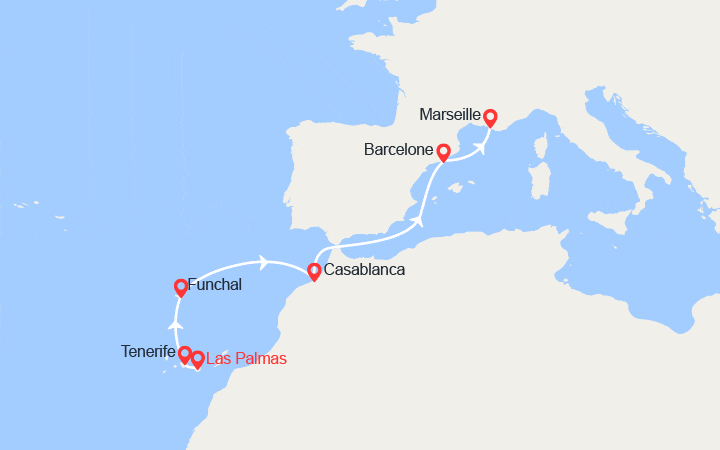 itinéraire croisière Méditerranée Occidentale : Iles Canaries, Madère, Maroc, Espagne, France 