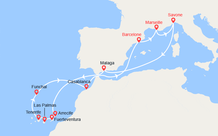 itinéraire croisière Méditerranée Occidentale - Canaries Madère : Iles Canaries, Madère et Maroc 