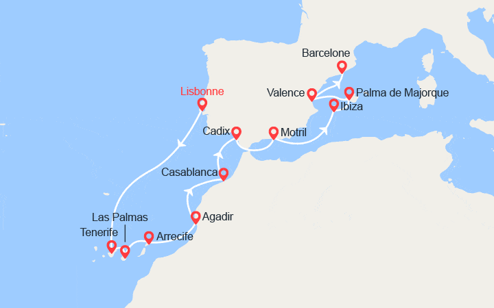 Itinéraire Iles Canaries, Maroc, Baléares, Espagne: de Lisbonne à Barcelone 