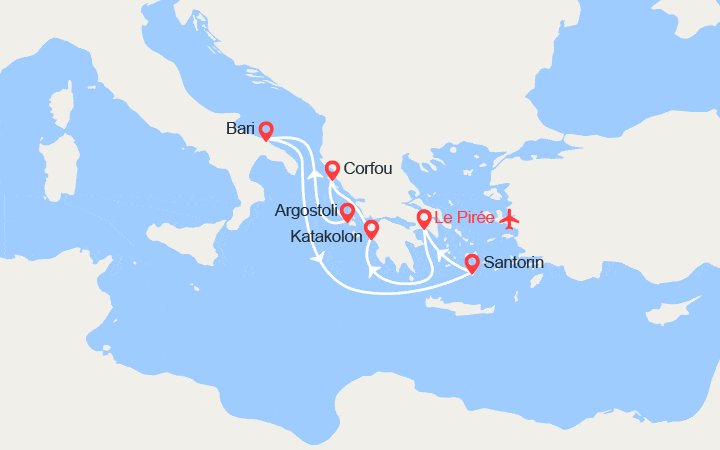 itinéraire croisière Méditerranée Orientale : Iles grecques & Italie : Corfou, Céphalonie, Santorin II Vols inclus