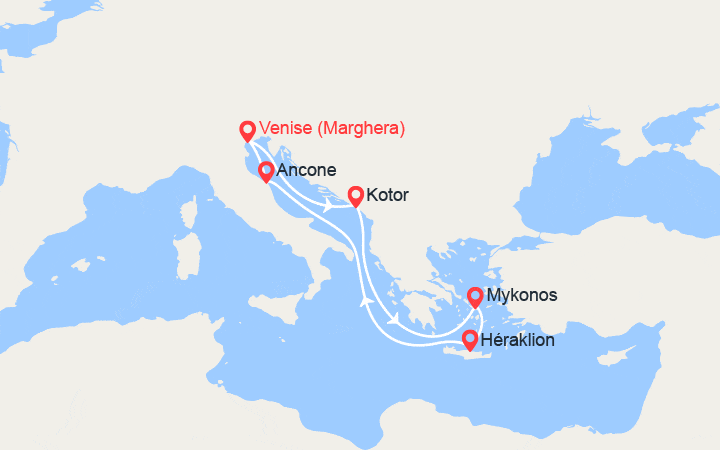 itinéraire croisière Méditerranée Orientale : Iles grecques : Monténégro, Mykonos, Crète, Italie