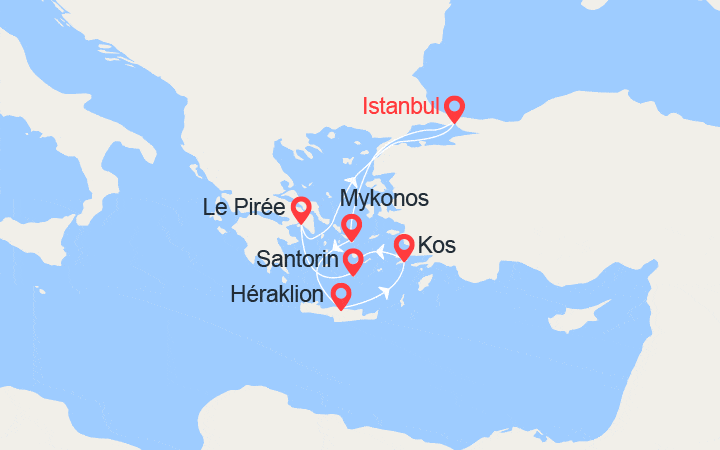 itinéraire croisière Méditerranée Orientale - Iles grecques : Iles Grecques: Mykonos, Héraklion, Kos, Santorin 