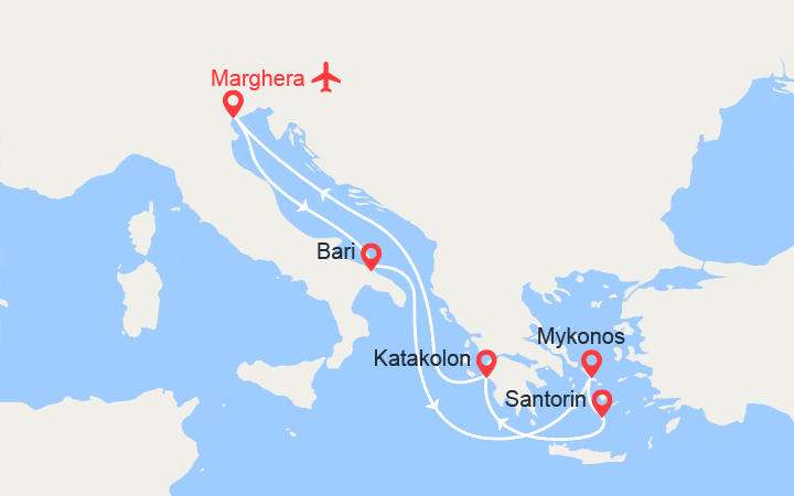itinéraire croisière Méditerranée Orientale : Iles Grecques: Mykonos, Santorin, Katakolon -  Vols inclus