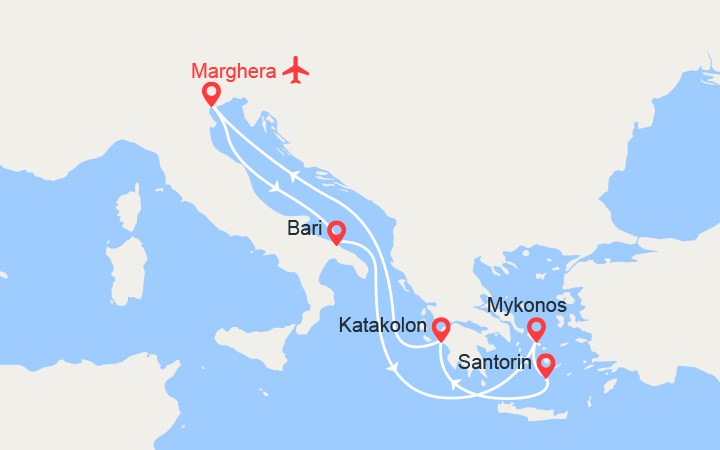 itinéraire croisière Méditerranée Orientale - Iles grecques : Iles Grecques: Mykonos, Santorin, Katakolon -  Vols inclus  