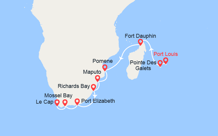 itinéraire croisière Océan Indien : Iles Maurice, Réunion, Madagascar, Mozambique, Afrique du Sud 
