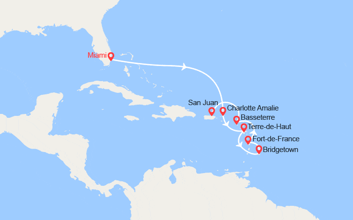 itinéraire croisière Caraïbes et Antilles : Îles Vierges, Guadeloupe, Barbade, Martinique, St Christophe et Niévès, Porto Rico