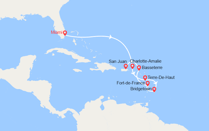 itinéraire croisière Caraïbes et Antilles : Îles Vierges, Guadeloupe, Barbade, Martinique, St Christophe et Niévès, Porto Rico