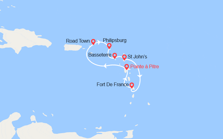 itinéraire croisière Caraïbes et Antilles : Iles Vierges, St Maarten, St Kitts, Antigua 