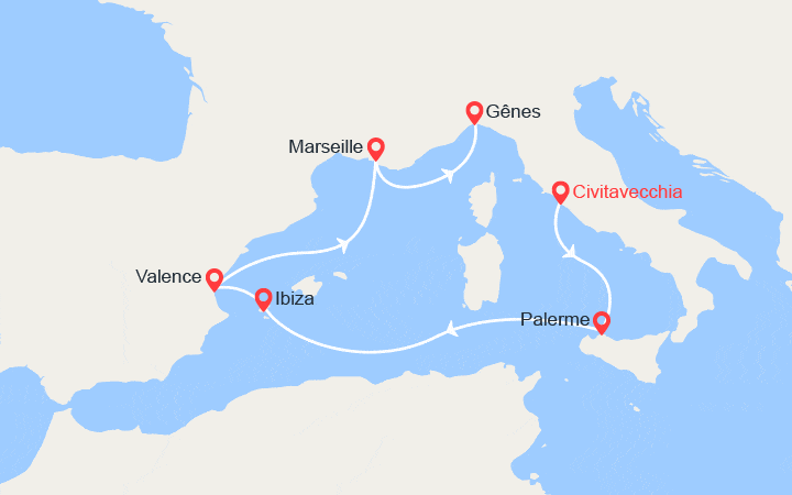 Itinéraire Italie, Baléares, Espagne, France 