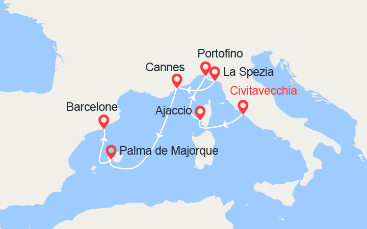 itinéraire croisière Méditerranée : Italie, Corse, Côte d'Azur, Baléares, Espagne 