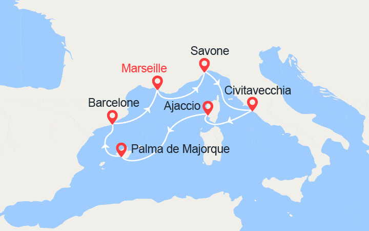 itinéraire croisière Iles Baléares : Italie, Corse, Majorque, Barcelone 