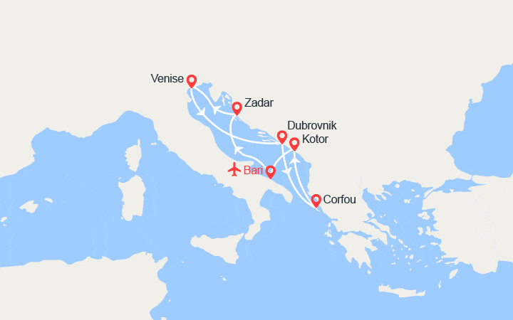 itinéraire croisière Méditerranée Orientale : Italie, Croatie, Venise, îles grecques, Monténégro II Vols inclus 