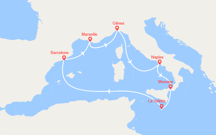 itinéraire croisière Méditerranée Occidentale : Italie, Espagne, France, Malte