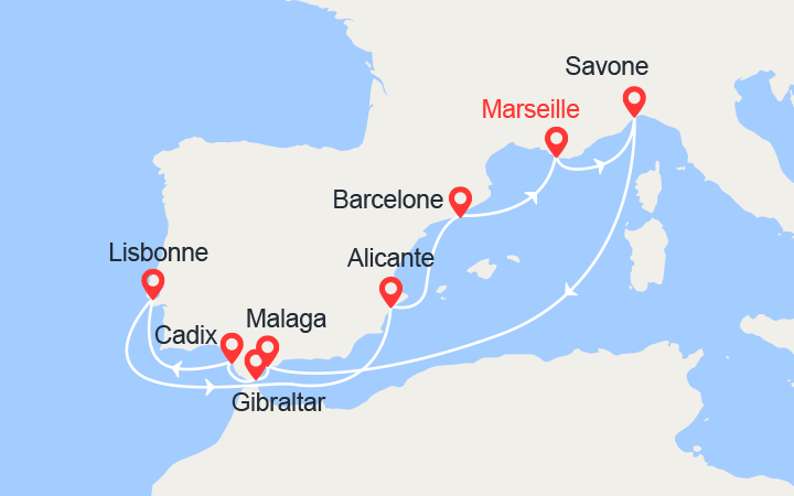 itinéraire croisière Méditerranée : Italie, Espagne, Gibraltar, Portugal