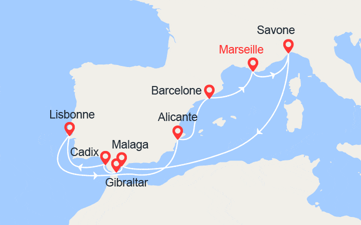 itinéraire croisière Méditerranée : Italie, Espagne, Gibraltar, Portugal 