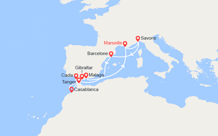 itinéraire croisière Méditerranée Occidentale : Italie, Espagne, Maroc, Gibraltar
