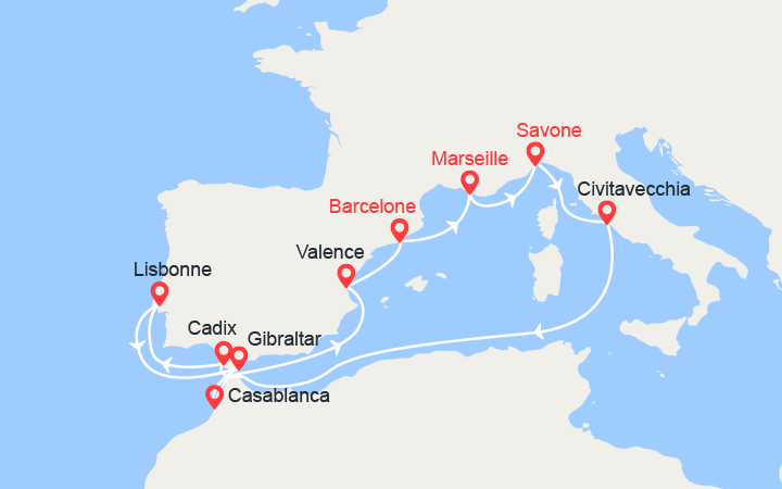 itinéraire croisière Méditerranée Occidentale : Italie, Espagne, Portugal, Maroc 