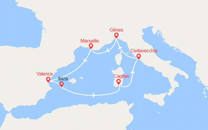itinéraire croisière Méditerranée Occidentale : Italie, France, Espagne 