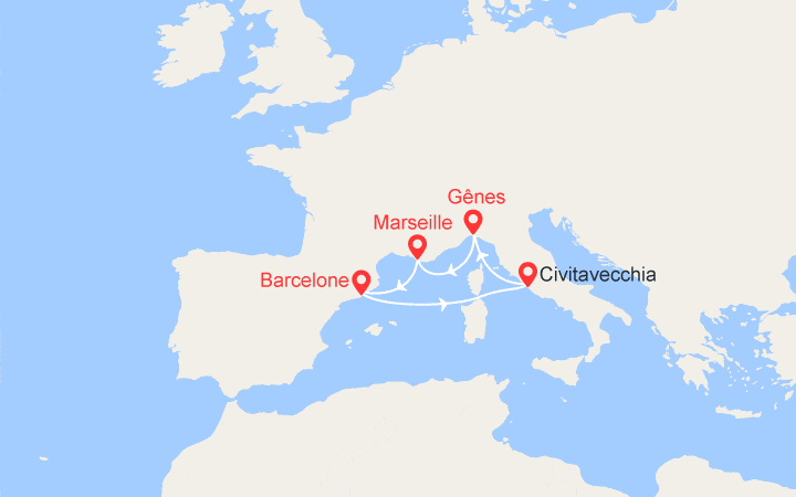 itinéraire croisière Méditerranée Occidentale : Italie, France, Espagne