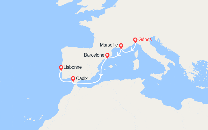 itinéraire croisière Méditerranée Occidentale : Italie, France, Espagne, Portugal