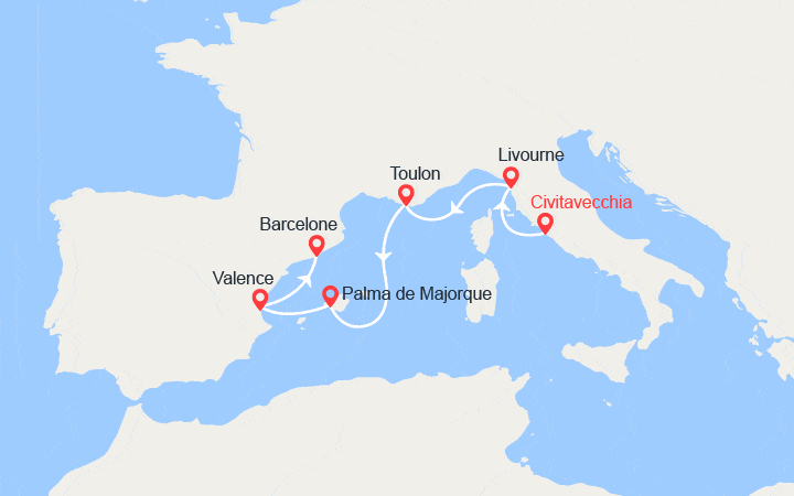 itinéraire croisière Méditerranée Occidentale : Italie, France et Espagne  