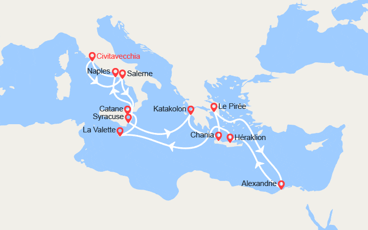 itinéraire croisière Méditerranée Orientale - Egypte : Italie, Grèce, Egypte, Malte
