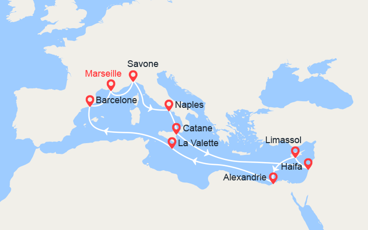 itinéraire croisière Méditerranée : Italie, Israël, Chypre, Egypte, Malte, Espagne 