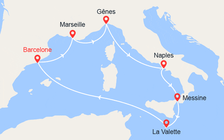 itinéraire croisière Méditerranée Occidentale : Italie, Malte, Espagne