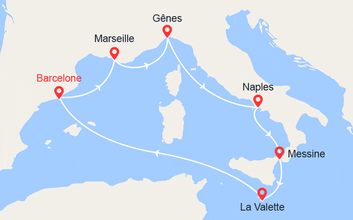 itinéraire croisière Méditerranée Occidentale : Italie, Malte, Espagne 