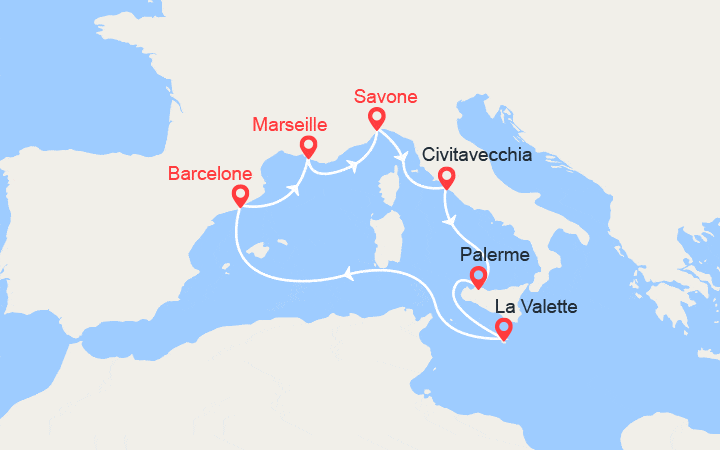 itinéraire croisière Méditerranée Occidentale : Italie, Malte, Espagne 