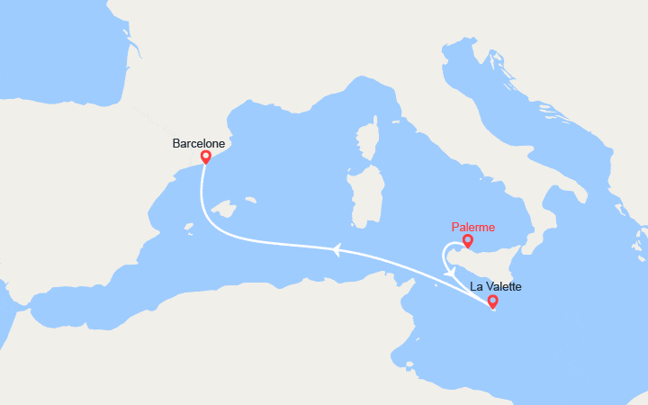 itinéraire croisière Méditerranée Occidentale : Italie, Malte, Espagne : de Palerme à Barcelone 