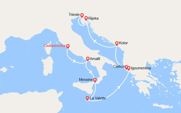 Itinéraire Italie, Malte, Grèce, Monténégro, Croatie : de Civitavecchia à Trieste 