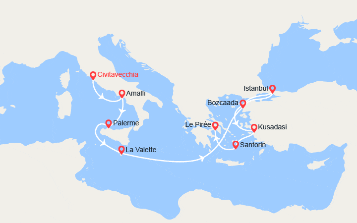 itinéraire croisière Méditerranée Orientale : Italie, Malte, Turquie, Grèce : de Civitavecchia au Pirée