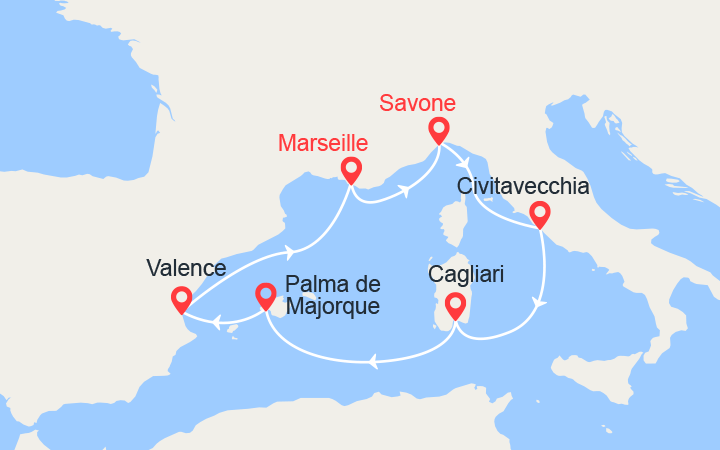 itinéraire croisière Iles Baléares : Italie, Sardaigne, Majorque, Espagne 