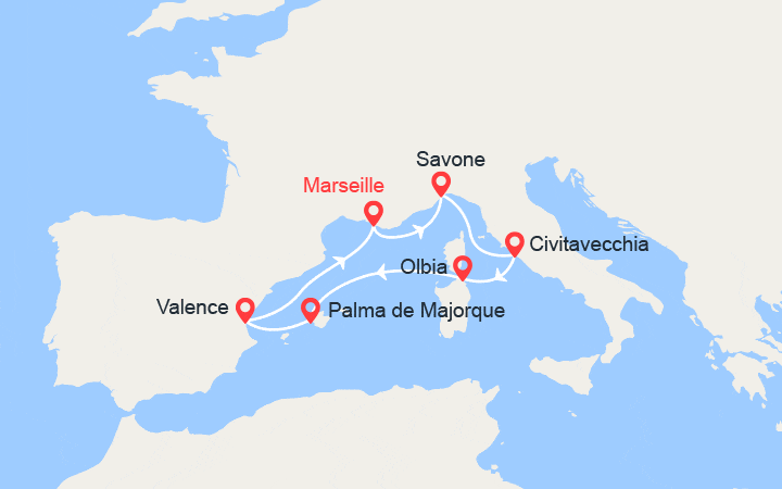 itinéraire croisière Méditerranée Occidentale - Iles Baléares : Italie, Sardaigne, Majorque, Espagne 