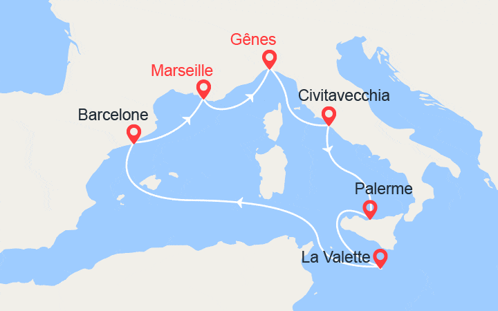 itinéraire croisière Méditerranée : Italie, Sicile, Malte, Espagne 