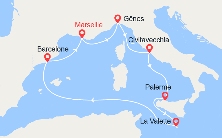 itinéraire croisière Méditerranée Occidentale - Méditerranée Occidentale : Italie, Sicile, Malte, Espagne 