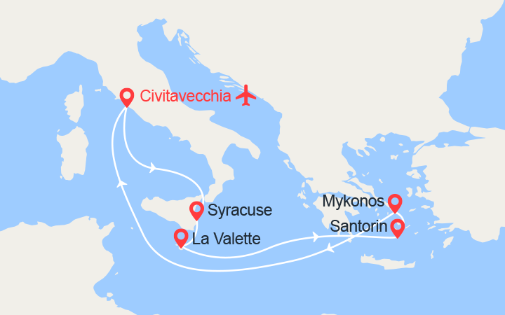 itinéraire croisière Iles grecques : Italie, Sicile, Malte, Iles grecques II Vols Inclus 