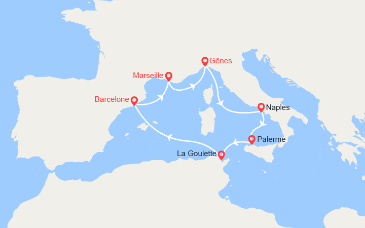 itinéraire croisière Méditerranée Occidentale : Italie, Sicile, Tunisie, Espagne