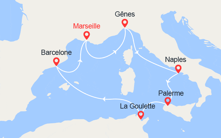 itinéraire croisière Méditerranée Occidentale : Italie, Sicile, Tunisie, Espagne 